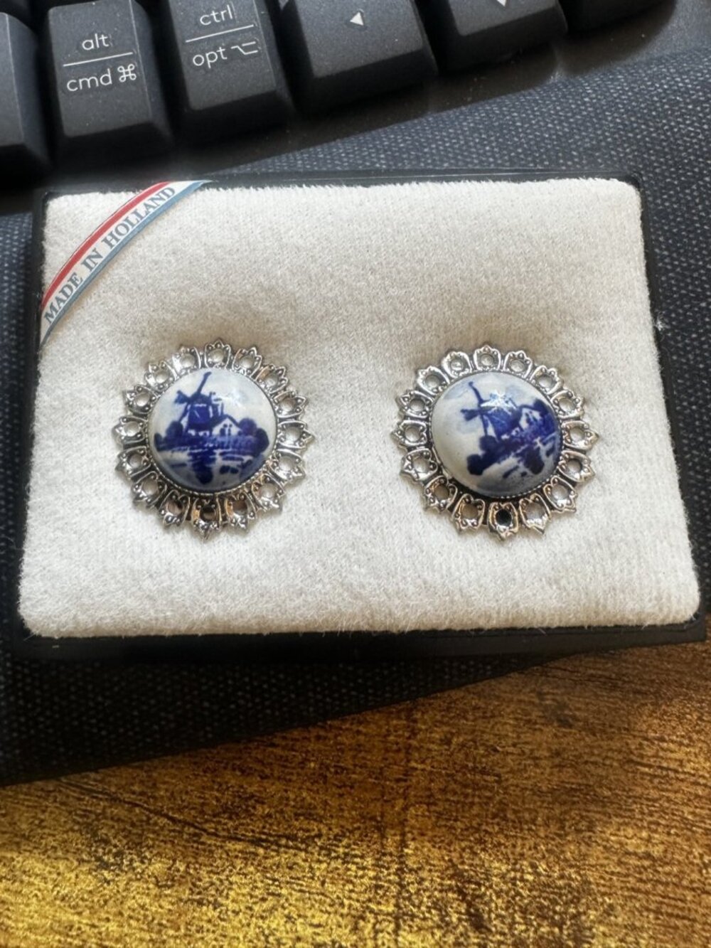 Vintage NOS Delft Blue Porcelain Clip Earrings Made in Holland Original Box